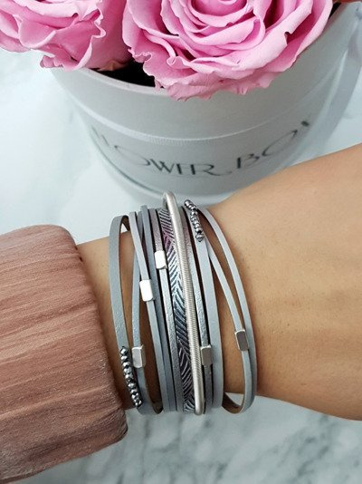 Damska Bransoleta Rzemień Szeroka Szara Kryształki Michiko