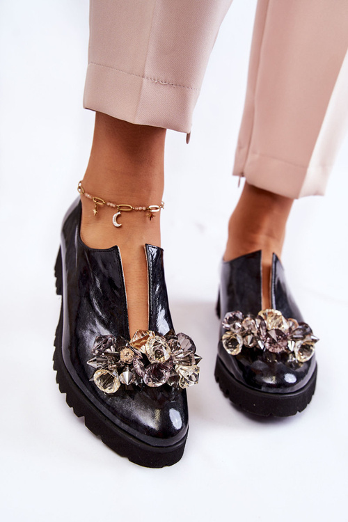 Eleganckie Lakierowane Półbuty Z Ozdobą Czarno-Szare Cindy