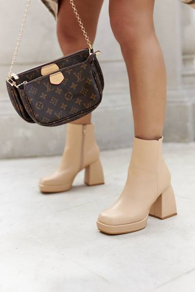 Damskie Ciepłe Botki Kwadratowy Słupek Beżowe Closer