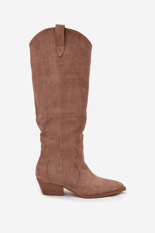 Eko Zamszowe Kozaki Kowbojki Damskie Na Obcasie Beżowe Jenaya