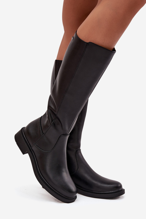 Skórzane Kozaki Damskie Ocieplane Na Płaskim Obcasie Sergio Leone KZ25600-S Czarne