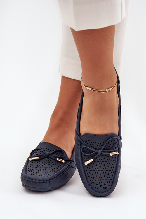 Mokasyny Damskie Z Ażurowym Wzorem I Wiązaniem Granatowe Mirisa
