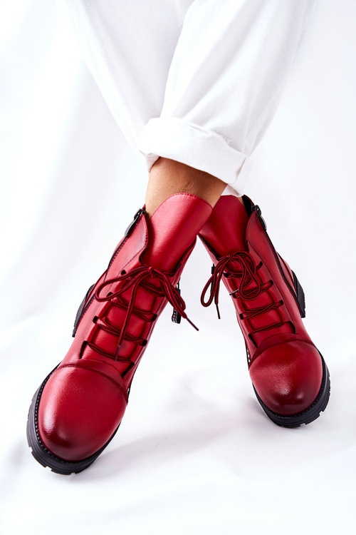 Skórzane Botki Z Ozdobnym Suwakiem Czerwone Lomissa