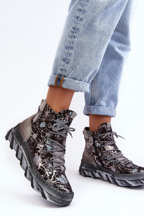 Skórzane Damskie Ocieplane Botki Maciejka 06146-03 Szare