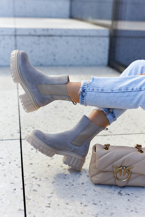 Zamszowe Damskie Botki Workery Jasnoszare Kennel