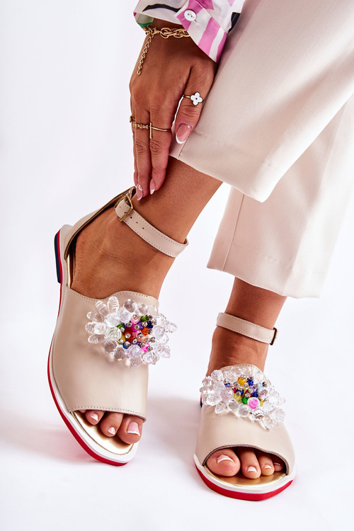 Damskie Skórzane Sandałki Z Ozdobą Beżowe Nevassa