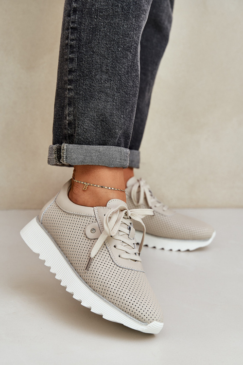 Skórzane Buty Sportowe Na Platformie Z Brokatem D&A LR51-629 Beżowe