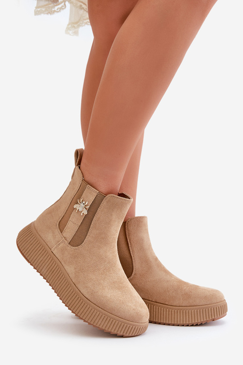 Wsuwane Botki Damskie Na Platformie Z Przypinką Eko Zamszowe Brązowe Ciatheia