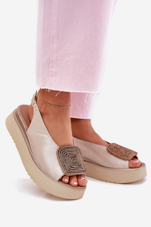 Zazoo 1786 Skórzane Sandały Damskie Na Platformie Z Ozdobą Perłowy Beż