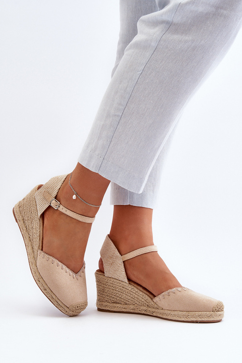 Zamszowe Sandały Espadryle Na Koturnie Z Plecionką Beżowe Raylin