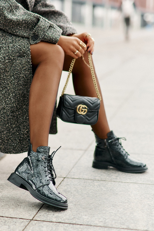 Skórzane Lakierowane Botki Damskie Ocieplane Na Zamek D&A LZ42-042 Ciemnozielone