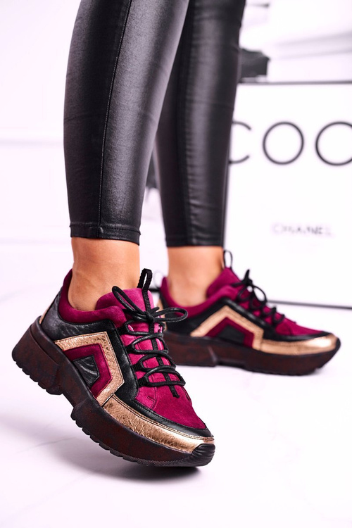 Damskie Półbuty Sneakersy Maciejka Skórzane Bordowe 04731-23