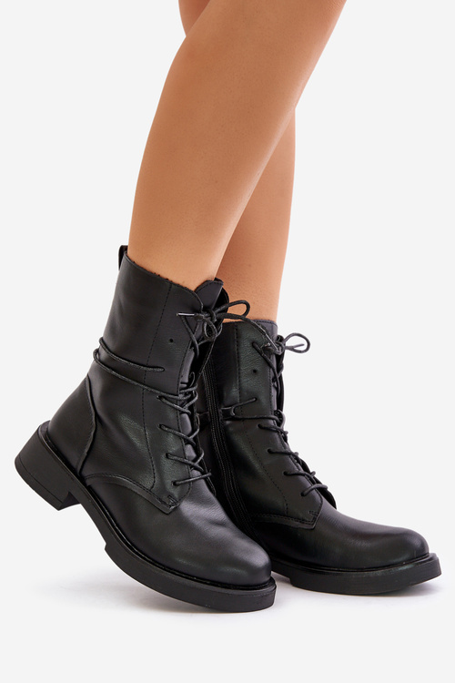 Ocieplane Botki Workery Damskie Eko Skórzane Czarne Ellittia