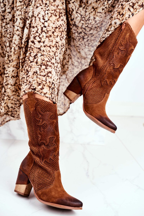 Damskie Botki Na Słupku Skórzane Wysokie Koniak Rosemary