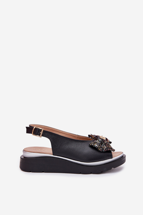 Skórzane Sandały Damskie Na Koturnie Z Kokardą Zazoo 1882 Czarne