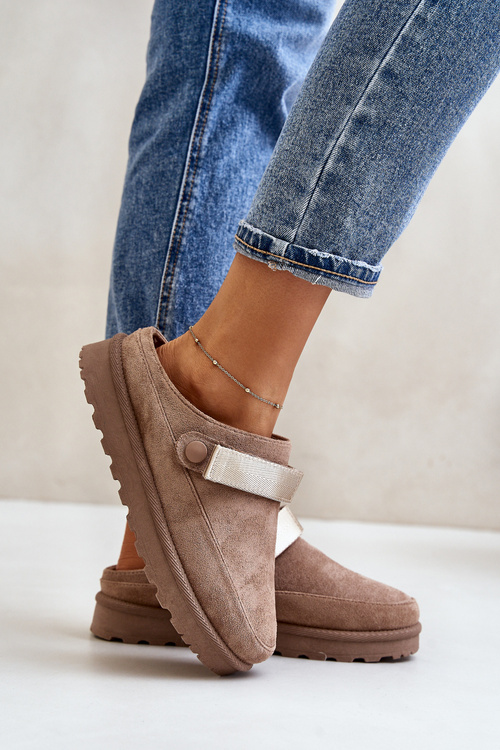 Damskie Kapcie Ocieplane Futerkiem Na Platformie Brązowe Azida