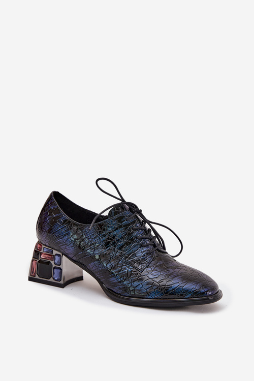 Skórzane Lakierowane Półbuty Damskie Na Obcasie Z Kryształkami Artiker 55C0428 Granatowe