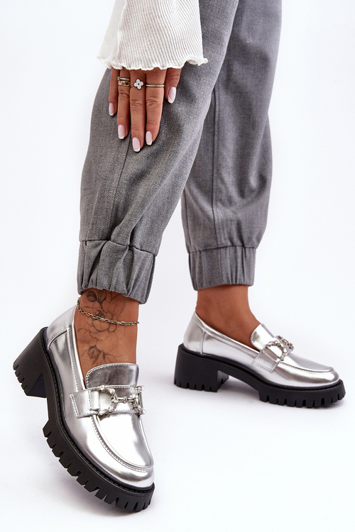 Damskie Skórzane Półbuty Na Masywnym Obcasie Srebrne Lemmitty