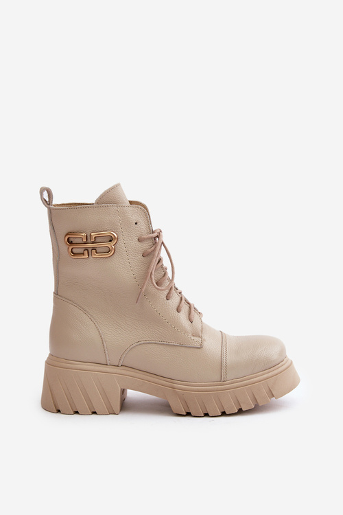 Zazoo 60486 Skórzane Botki Workery Ocieplane Ze Złotym Detalem Jasnobeżowe