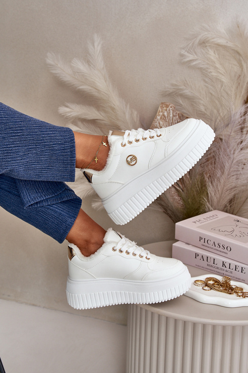 Sneakersy Buty Sportowe Damskie Ocieplane Na Masywnej Podeszwie Białe Ardiela