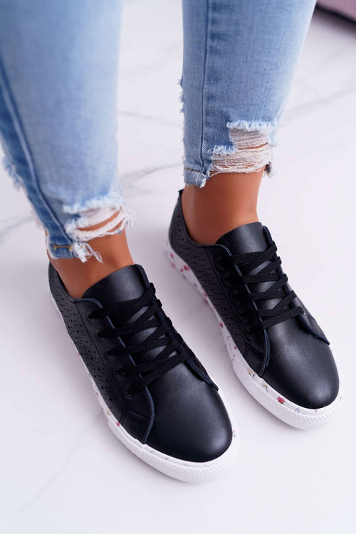 Damskie Trampki W Kwiaty Ażurowe Czarne Loriann