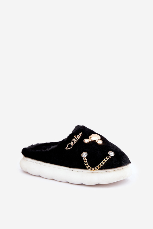 Futrzane Kapcie Z Przypinkami Czarne Ivelfedi