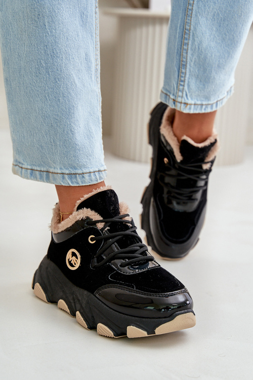 Damskie Buty Sportowe Sznurowane Ocieplane Na Platformie Czarne Verioras