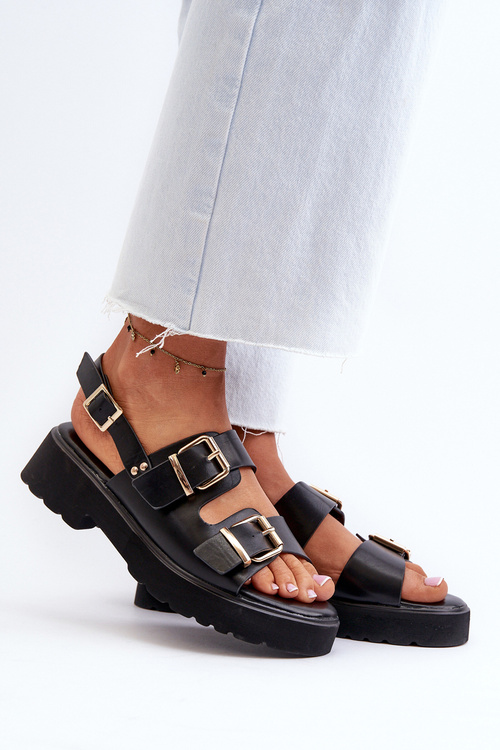 Sandały Damskie Z Klamrami Eko Skórzane Czarne Konanttia