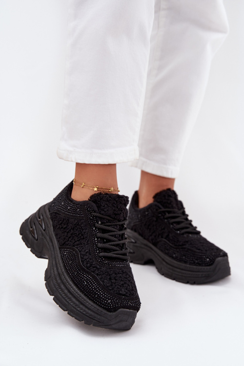 Sneakersy Damskie Z Cyrkoniami I Futerkiem Typu Baranek Czarne Zarika