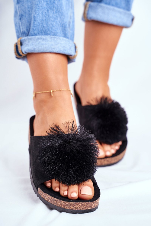 Damskie Czarne Klapki Na Korku z Pomponem Galaxo