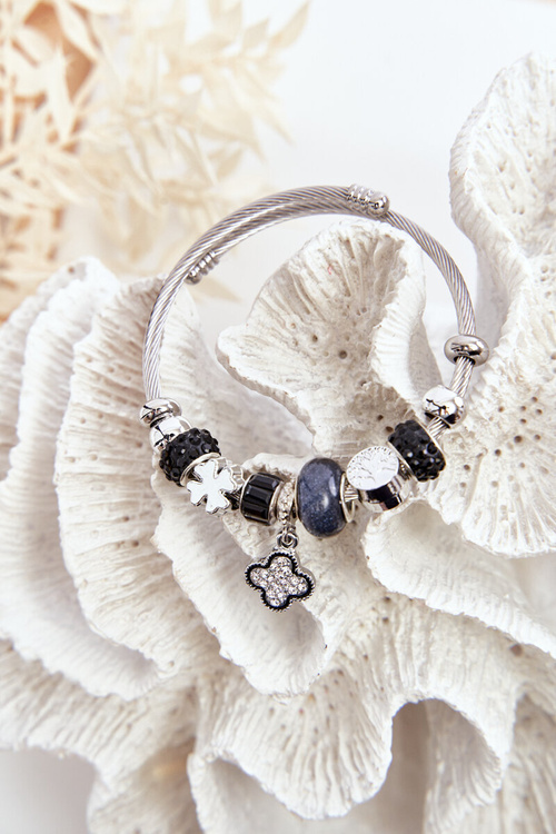 Stalowa Bransoletka Z Charmsami Srebrno-Czarna