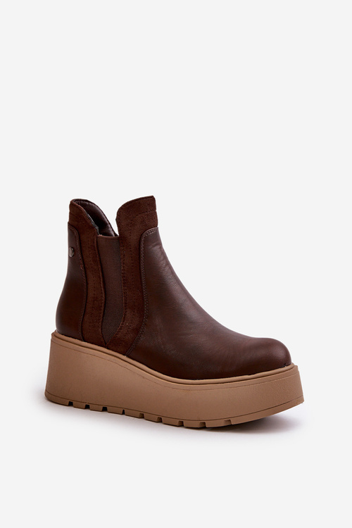 Damskie Ocieplane Botki Na Platformie I Koturnie Brązowe Mivanira