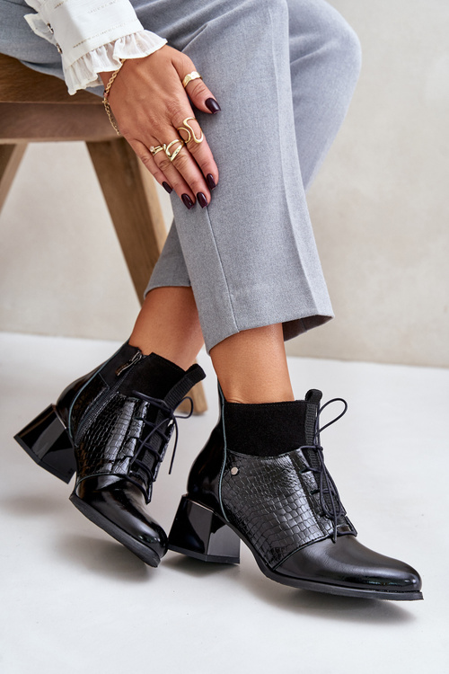 Zazoo 60503 Skórzane Botki Na Obcasie Ocieplane Czarne