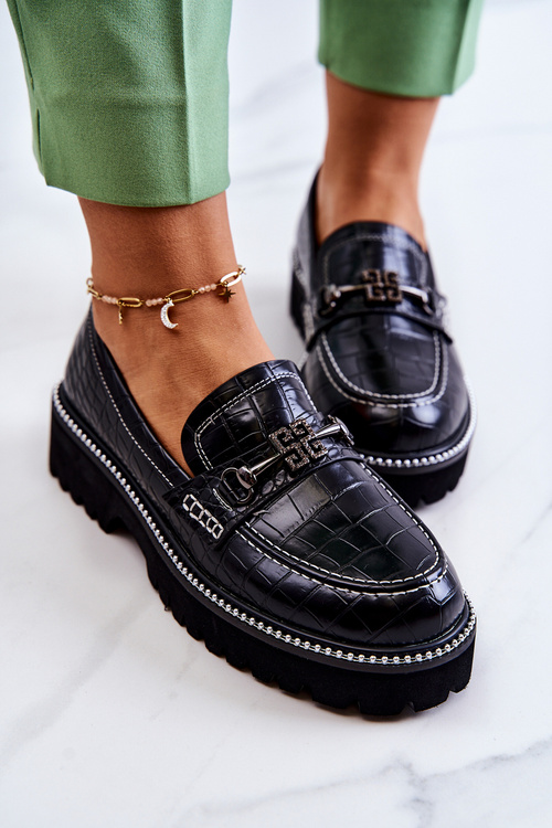 Skórzane Półbuty Wężowe Z Ozdobą Czarne Adison