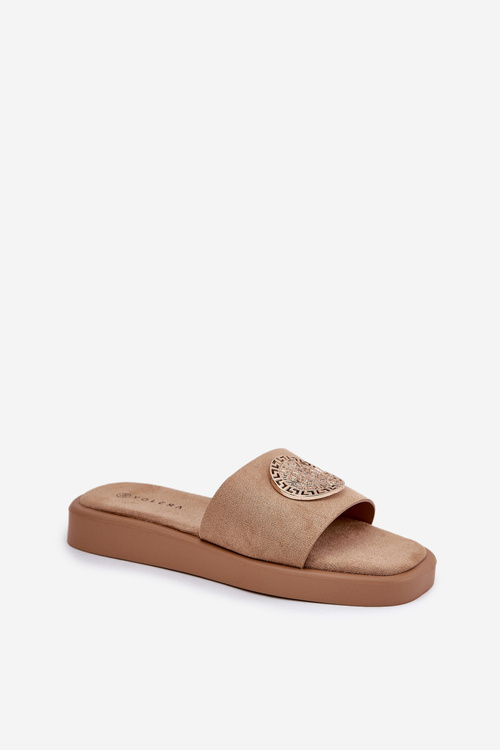 Klapki Damskie Ze Złotą Ozdobą Beżowe Kaliora