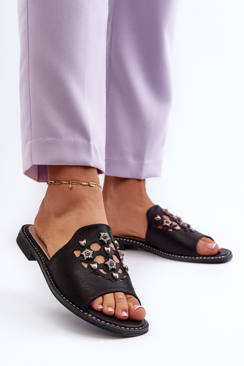 Błyszczące Klapki Damskie Z Ozdobami S.Barski KV27-063 Czarne