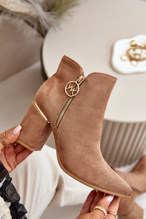 Botki Damskie Na Słupku Z Noskami W Szpic Eko Zamszowe Ocieplane Brązowe Raisha