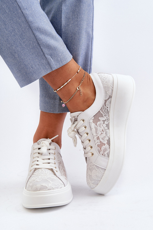 Koronkowe Sneakersy Damskie Na Platformie S.Barski HY51-059 Białe