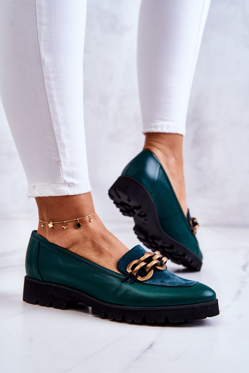 Eleganckie Skórzane Mokasyny Z Łańcuchem Zielone Geneva
