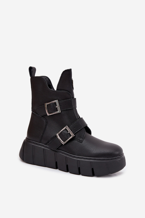 Skórzane Ocieplane Botki Damskie Na Platformie Z Klamrami Vinceza 66842 Czarne