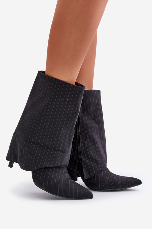 Botki Damskie W Paski Na Szpilce Z Wywiniętą Cholewką I Noskami W Szpic Czarne Naritua