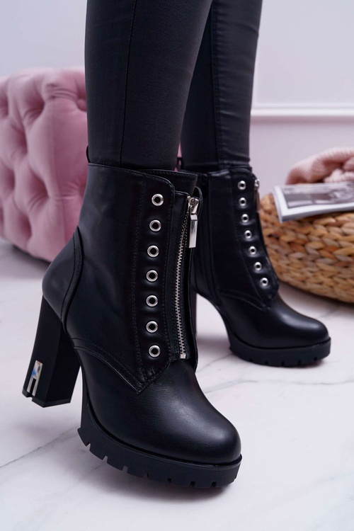 Botki Damskie Na Słupku Ozdobny Suwak Czarne Imagine