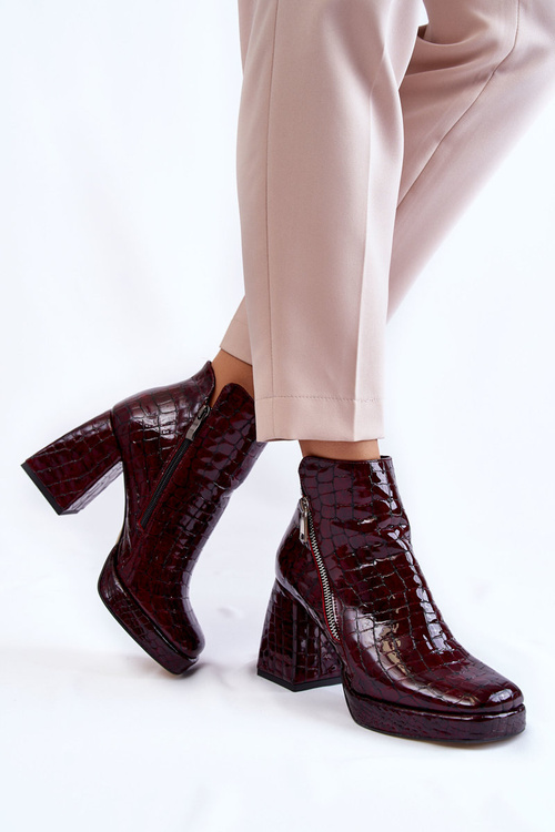 Skórzane Botki Na Obcasie Krokodyli Wzór Bordowe Alienore