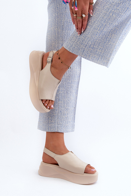 Skórzane Sandały Damskie Na Platformie D&A SJ2301-2 Beżowe