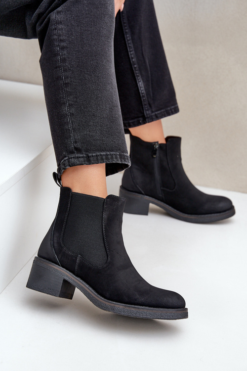 Botki Damskie Sztyblety Ocieplane Niski Obcas Zamek Czarne Savalindra