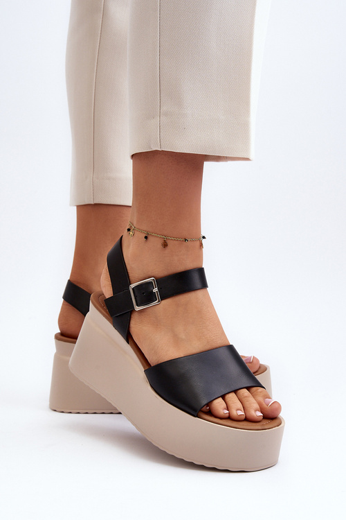 Damskie Sandały Na Koturnie Czarne Geferia