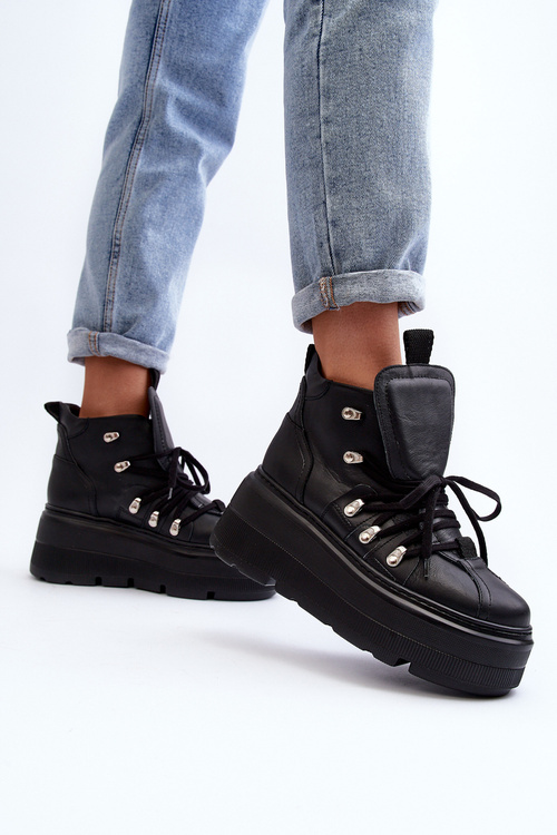 Zazoo 3416 Skórzane Damskie Buty Sportowe Czarne