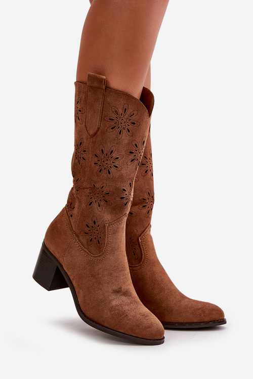 Damskie Ażurowe Kozaki Do Połowy Łydki Z Eko Zamszu Brązowe Nevilos