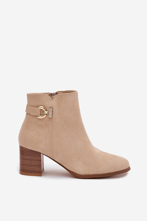 Ocieplane Botki Damskie Na Słupku Ze Złotym Detalem Beżowe Renora