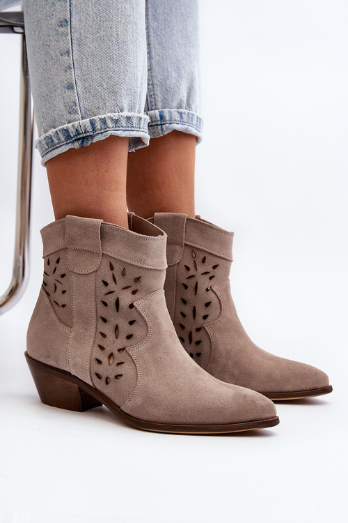 Zazoo 2870 Zamszowe Botki Na Niskim Obcasie Ażurowe Beżowe